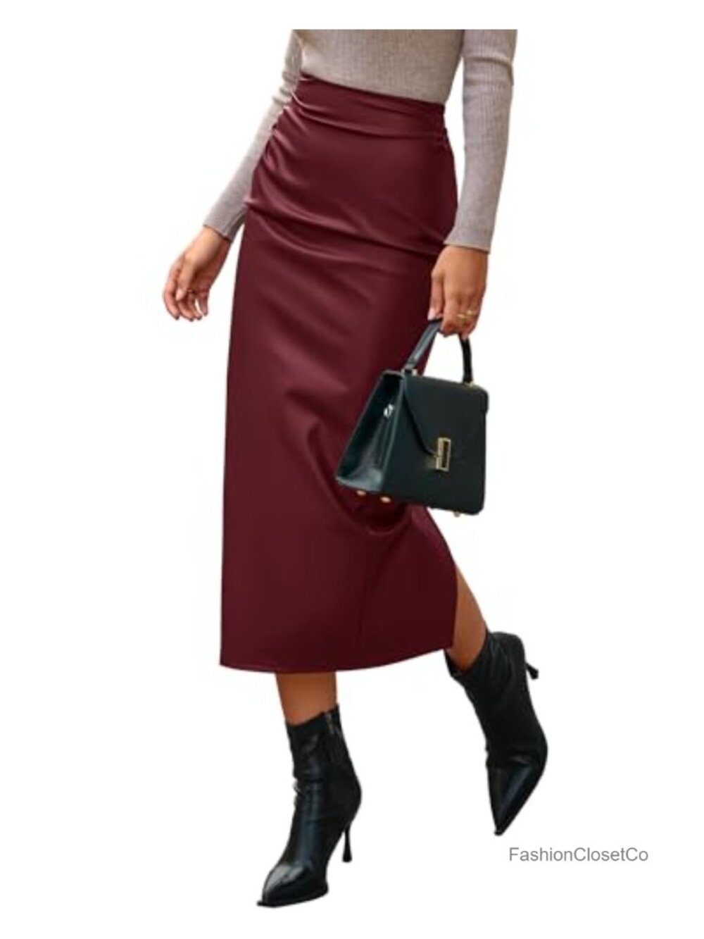 Faux Leather Midi Pencil Skirt High Waisted Back Slit Business Casual